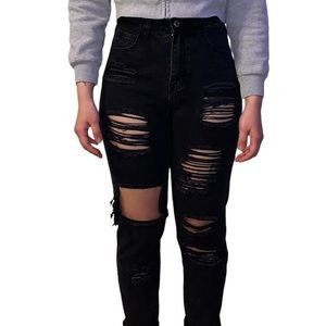 shein black ripped straight leg jeans